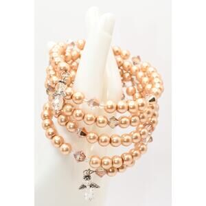 Gold Faux Pearl Memory Wire Bracelet 5 Strand w Crystal Angel Charms